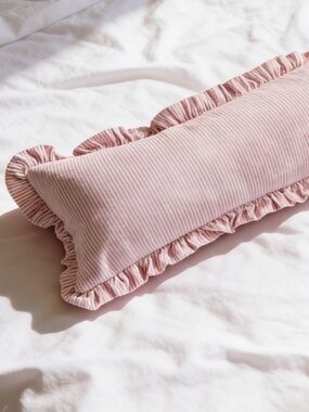Pink Pinstripe Ruffle Lumbar Pillow Cover 32x12 Cottagecore Farmhouse